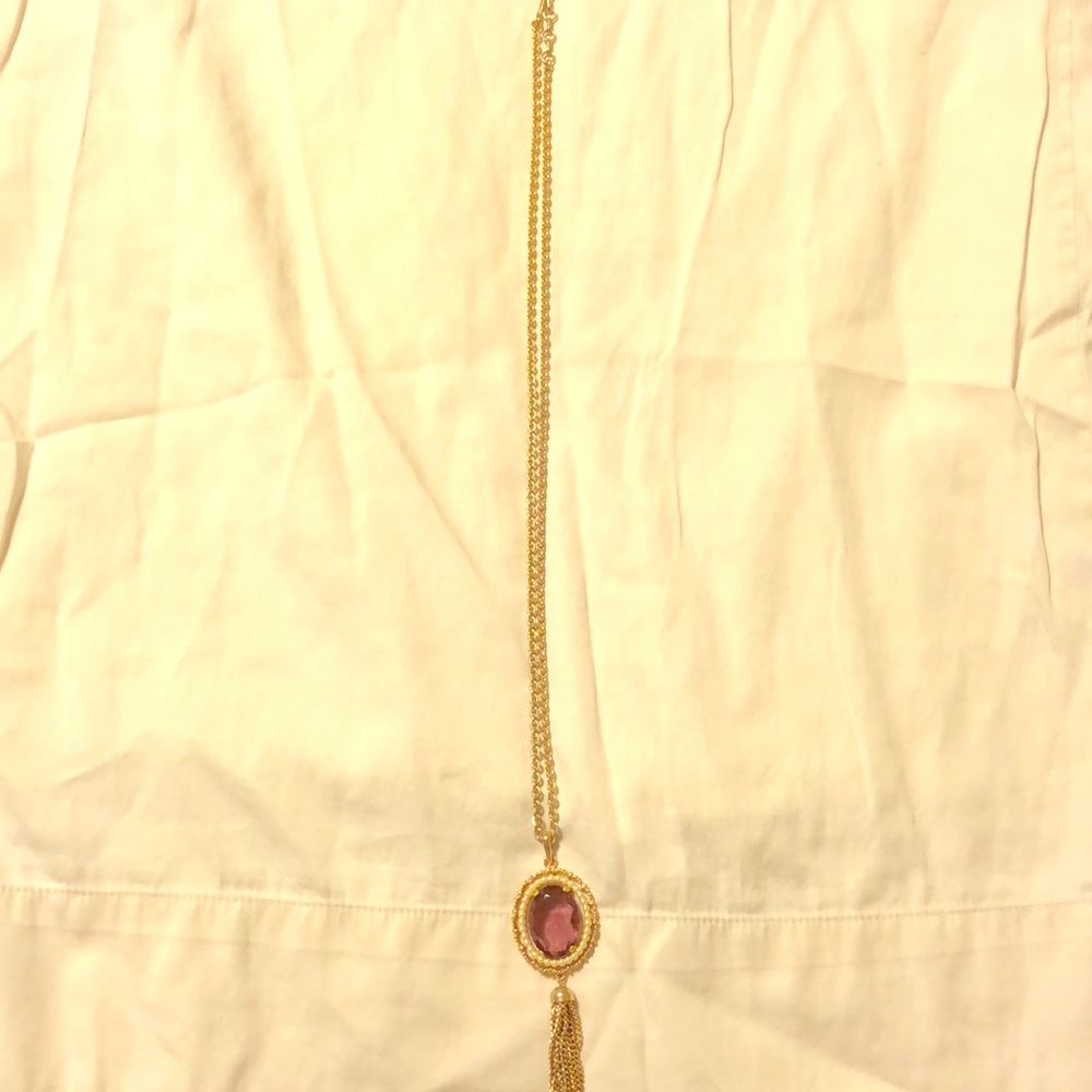 Gold, purple, and pearl long necklace
